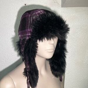 Plaid Aviator Hat with Faux Fur Trim